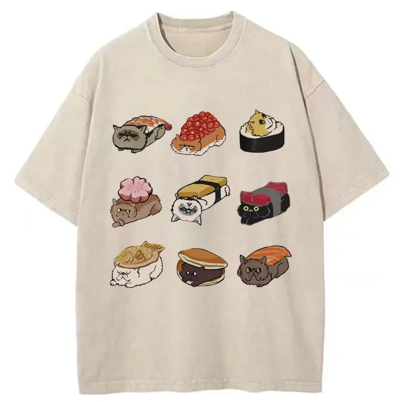 Modecanvas Cute Cat Sushi Washed T-Shirt