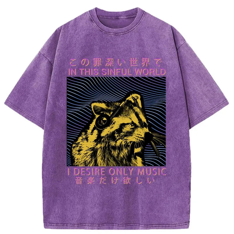 Modecanvas Raccoon Listening To Music Washed T-Shirt