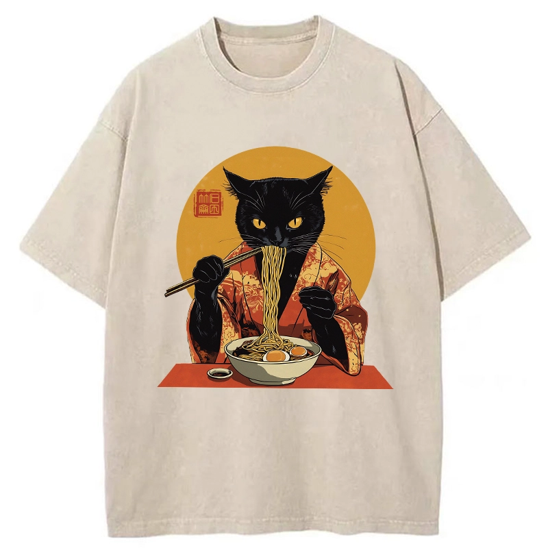 Modecanvas Ramen-obsessed Cat Washed T-Shirt