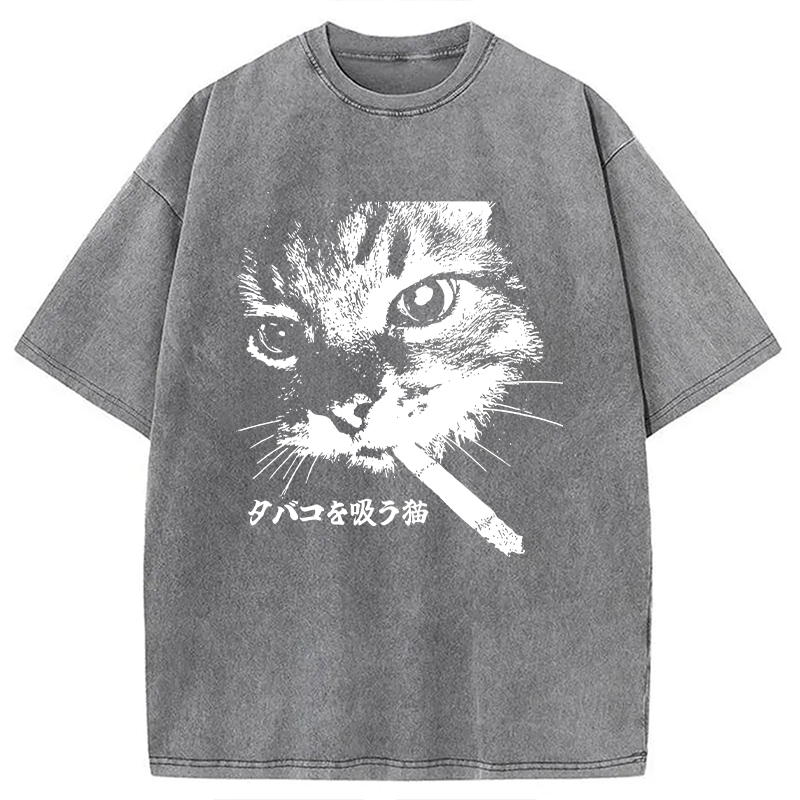 Modecanvas Retro Cat Smoking Washed T-Shirt-modecanvas