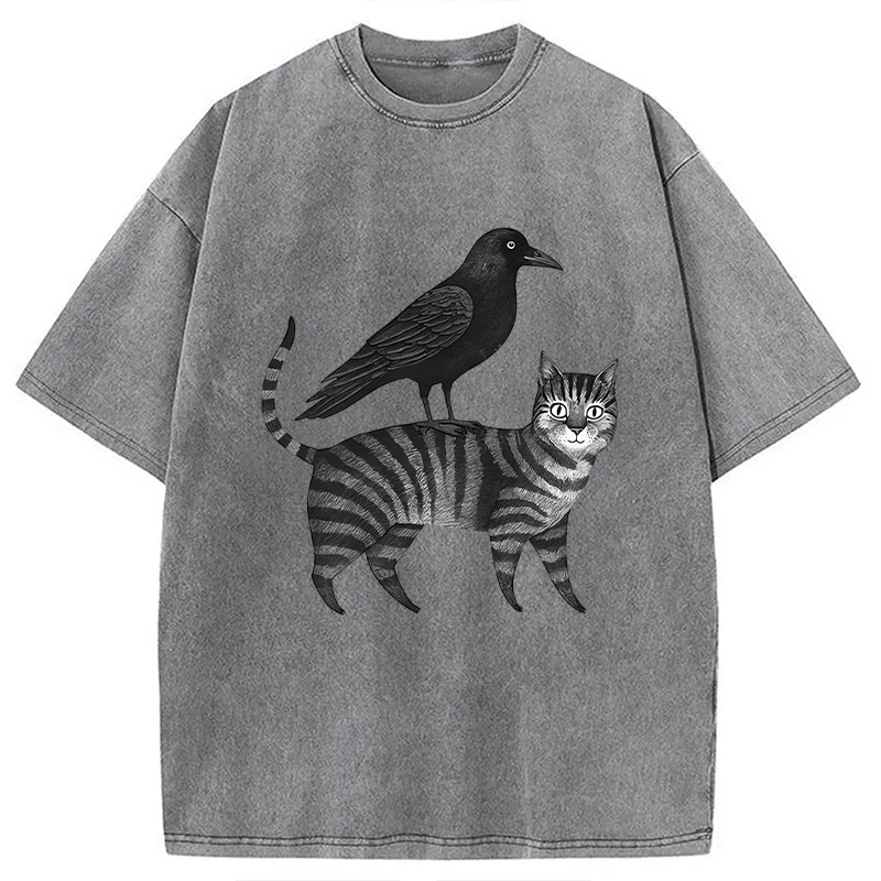 Modecanvas Crow Riding A Cat Washed T-Shirt