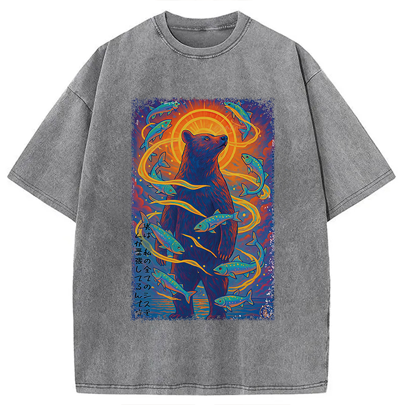 Modecanvas Ukiyoe Bear and Fish Vintage Poster Washed T-Shirt