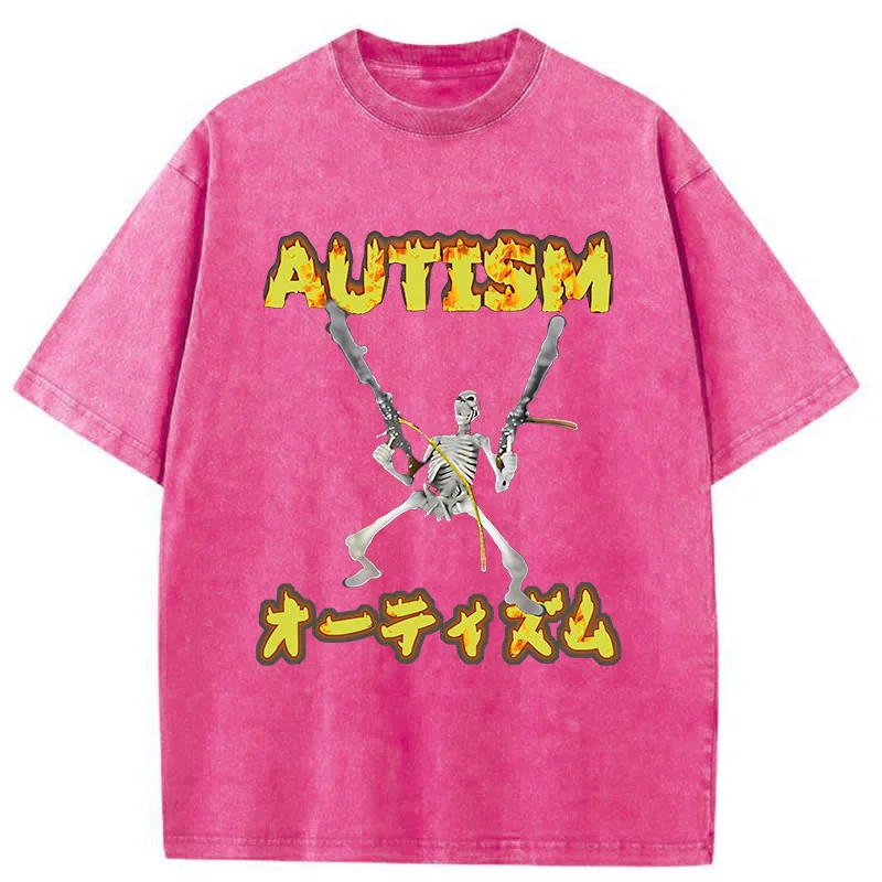 Modecanvas Autism Funny Skeleton Washed T-Shirt-modecanvas