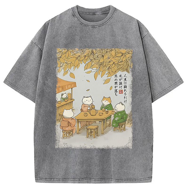 Modecanvas Cats Drinking Tea Under The Tree Washed T-Shirt