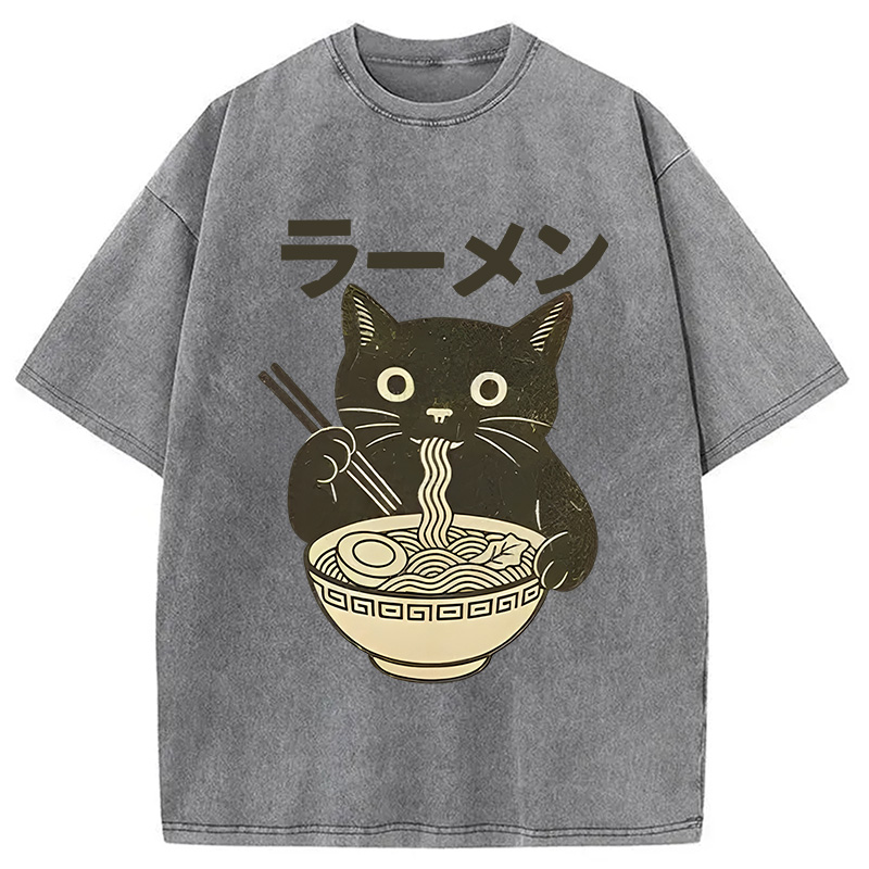 Modecanvas Simple Black Cat Eating Ramen Washed T-Shirt