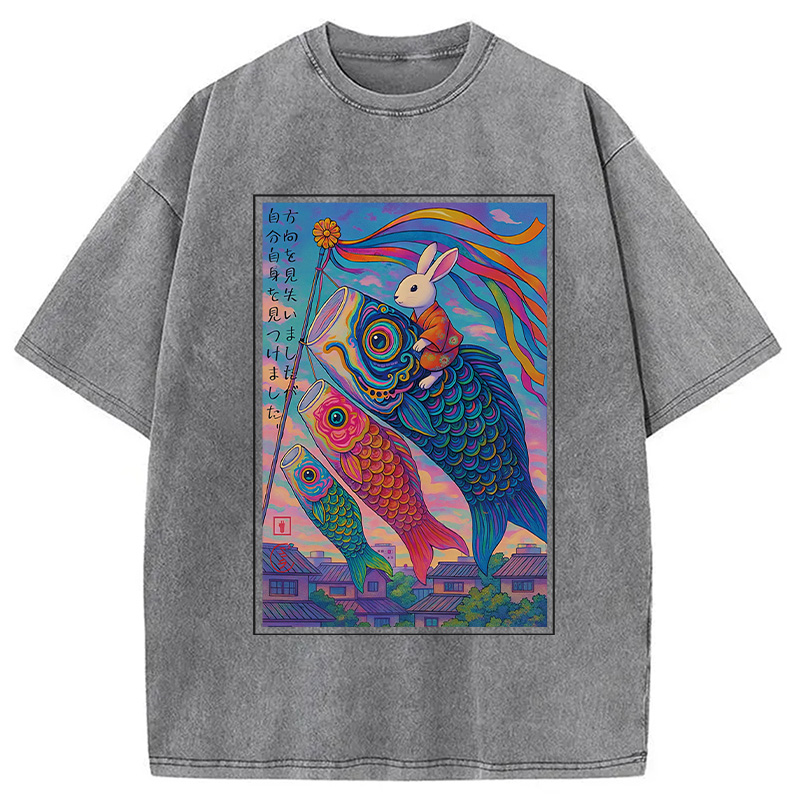 Modecanvas Ukiyoe Rabbit Ride Carp streamer Poster Washed T-Shirt