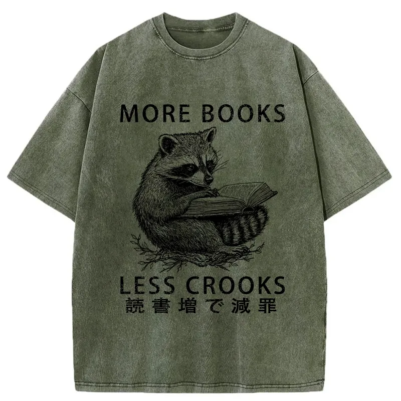 Modecanvas Raccoon Reading Books Less Crooks Washed T-Shirt