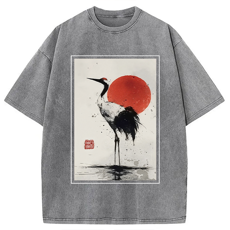 Modecanvas Retro Japanese Red-crowned Crane Washed T-Shirt