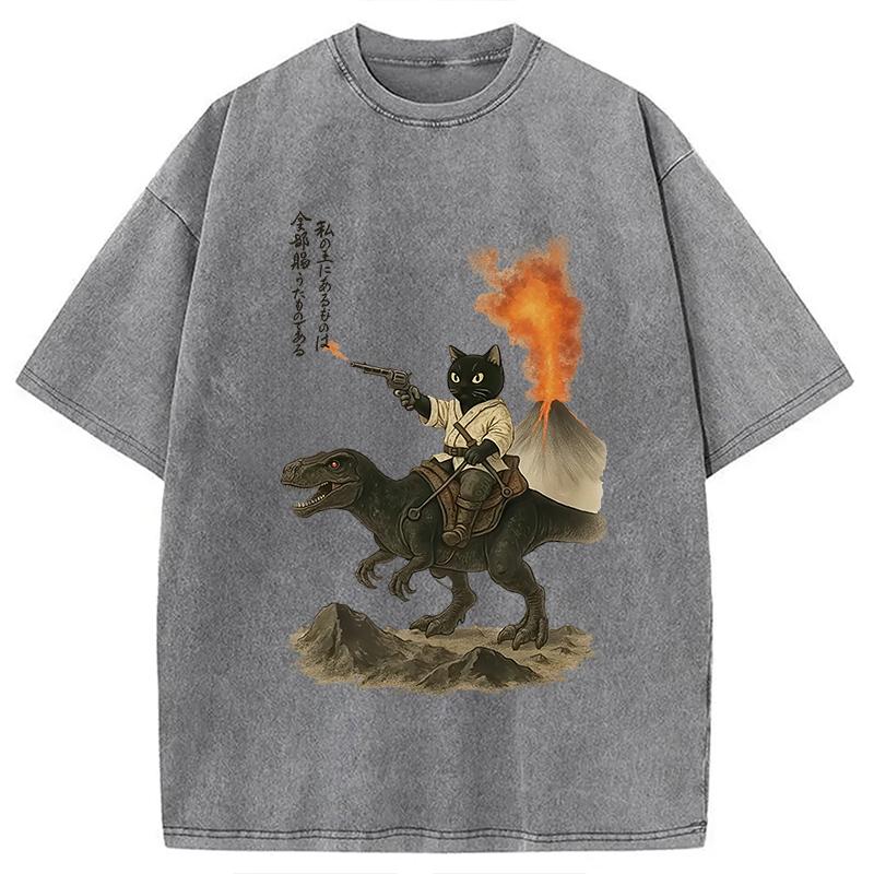 Modecanvas Cat Riding A Dinosaur Washed T-Shirt