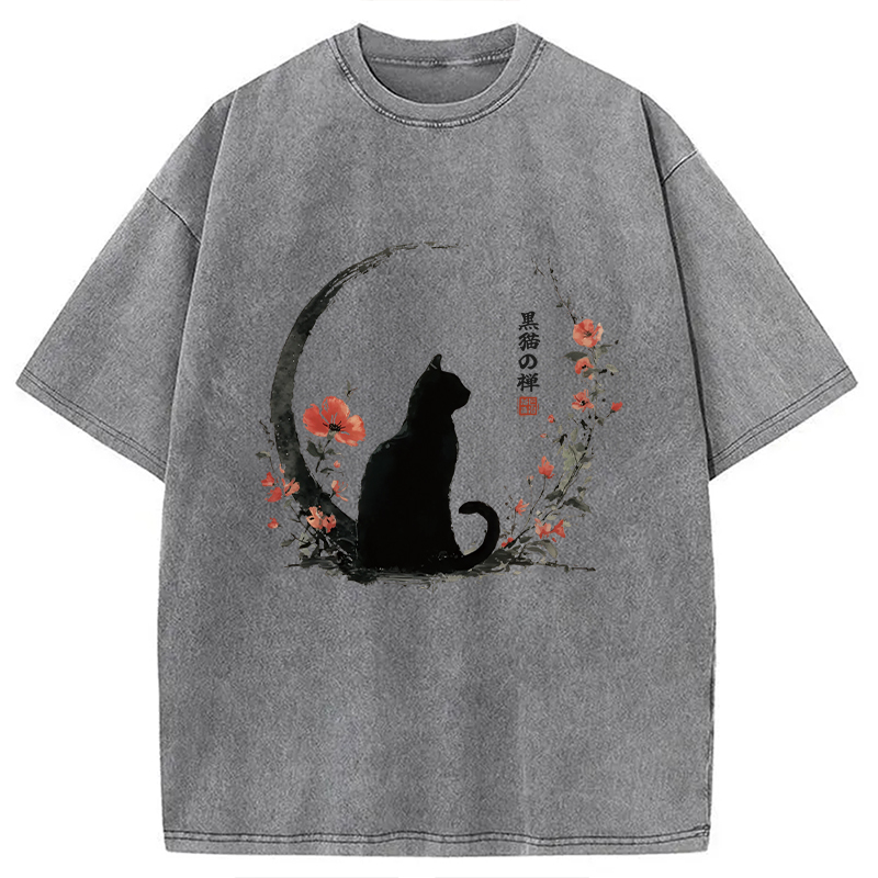 Modecanvas Black Cat And Flowers Washed T-Shirt