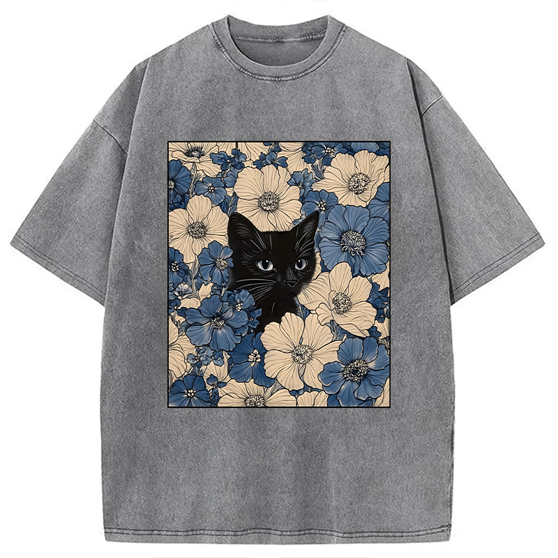 Modecanvas Cat In The Flowers Washed T-Shirt
