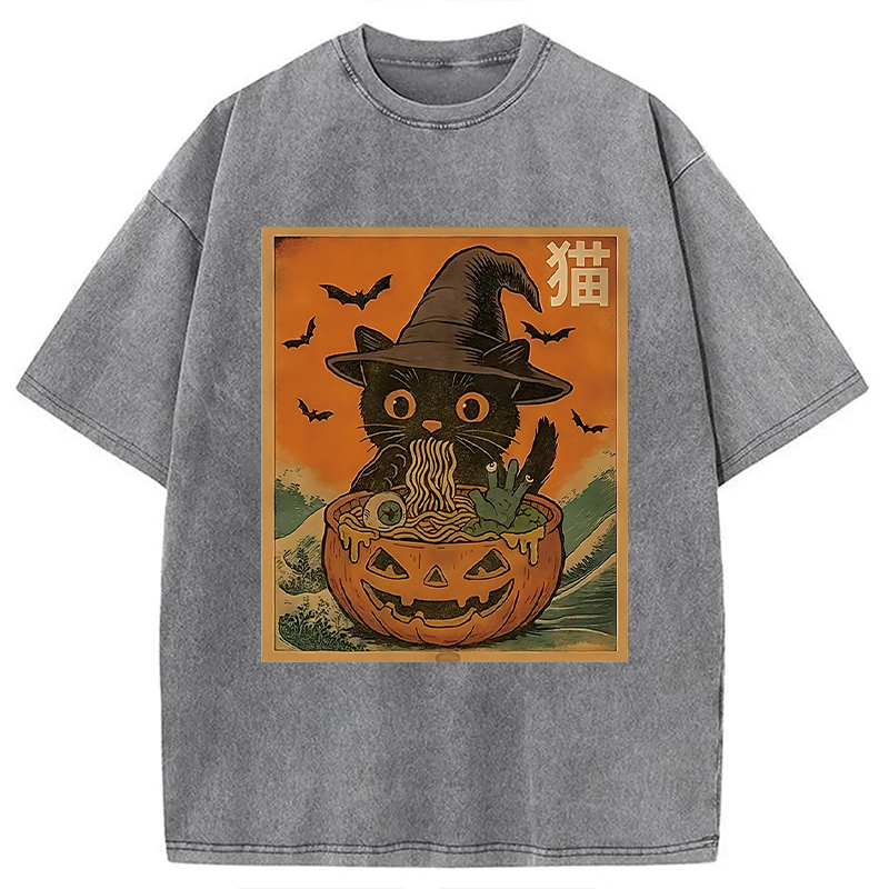 Modecanvas Halloween Cat Eating Ramen Washed T-Shirt