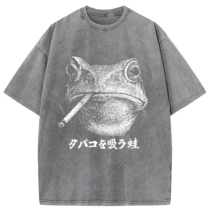 Modecanvas Funny Smoking Frog Meme Washed T-Shirt