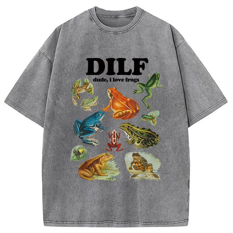 Modecanvas Dude I Love Frog Washed T-Shirt-modecanvas