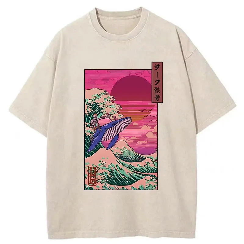 Modecanvas Skeleton Surfing With A Whale Washed T-Shirt