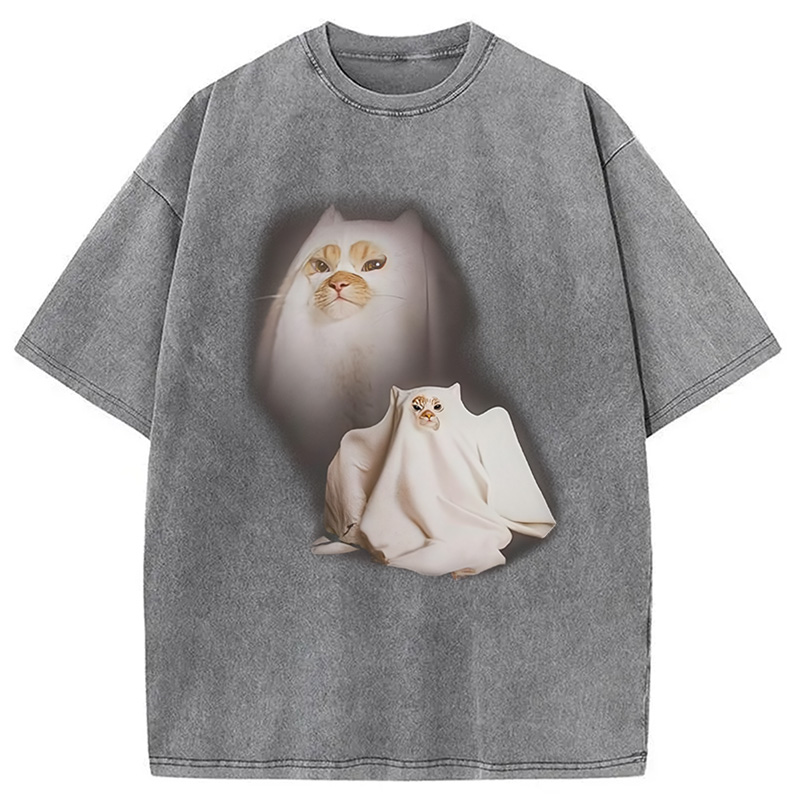 Modecanvas Ghost Cat Meme DTG Printing Washed T-Shirt-modecanvas