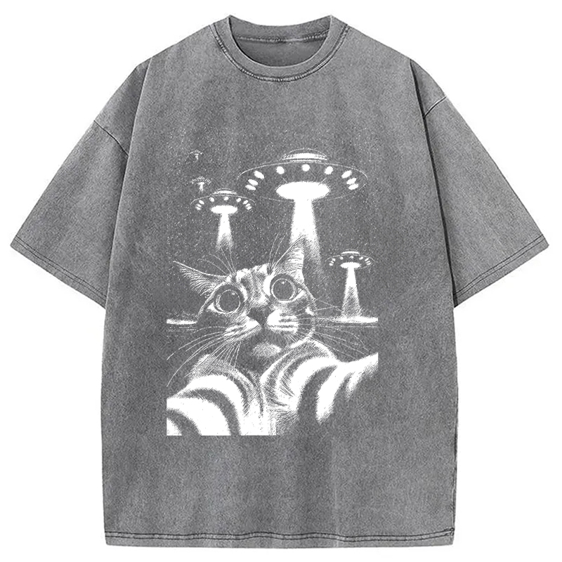 Modecanvas Alien Come For Cat DTG Printing Washed T-Shirt-modecanvas