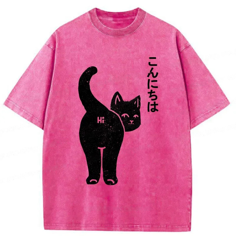 Modecanvas Cat Saying Hi Washed T-Shirt