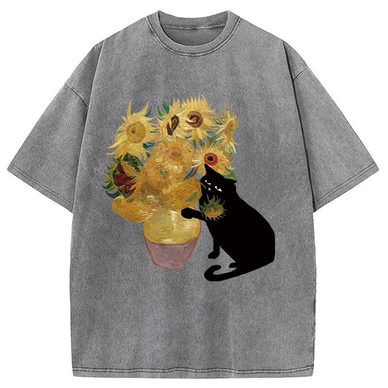 Modecanvas Cat Stealing Flowers Washed T-Shirt