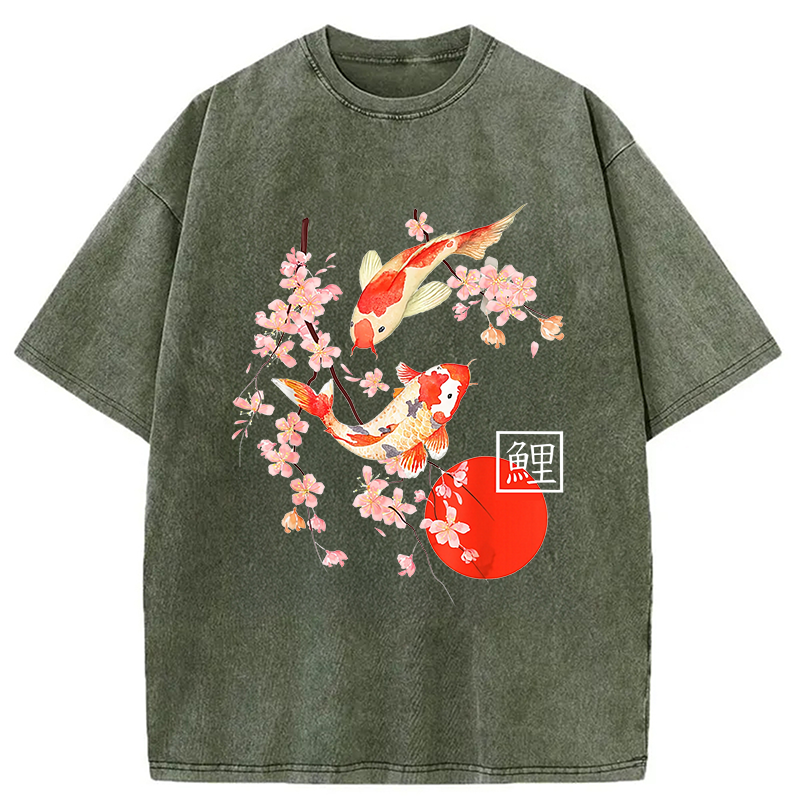 Modecanvas Cherry Blossom Koi Carp Fish Japanese Sakura Washed T-Shirt