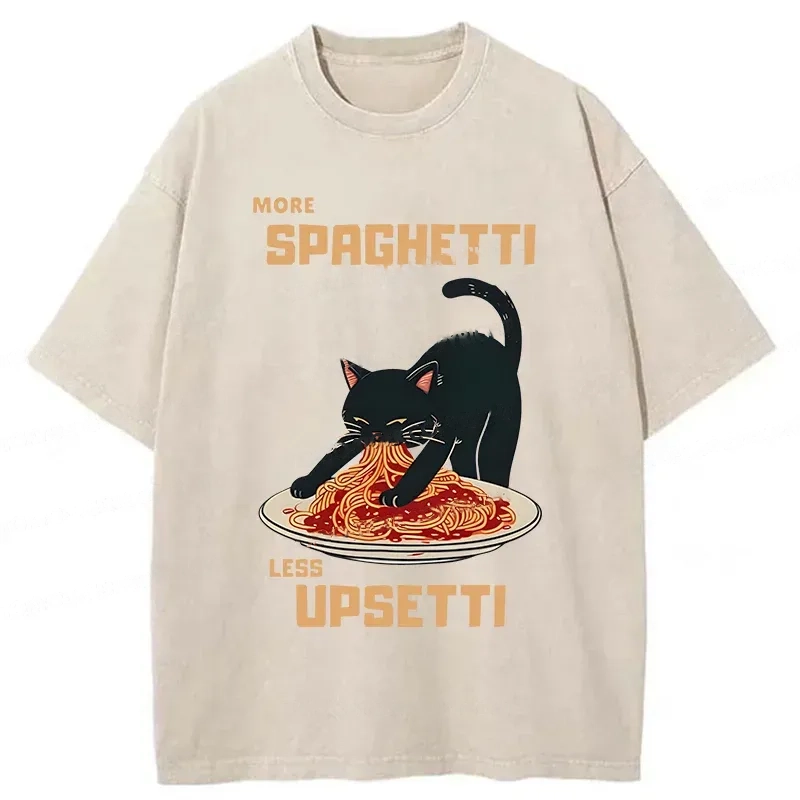 Modecanvas Cat Eating Spaghetti Funny Washed T-Shirt-modecanvas