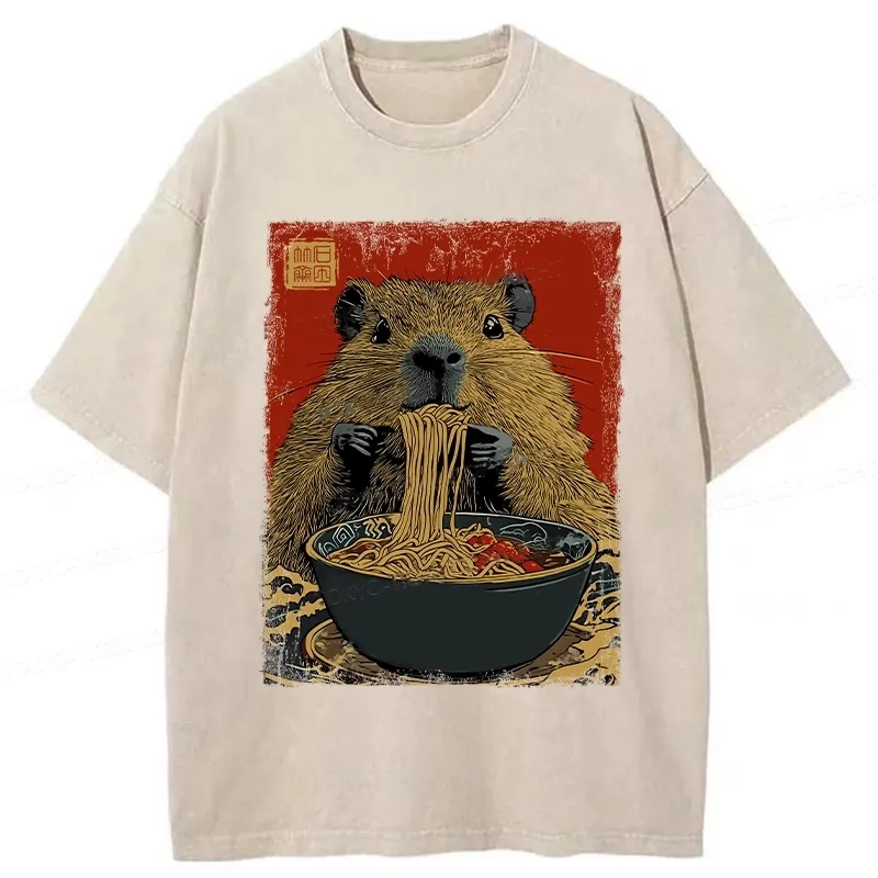 Modecanvas Capybara Ramen Lover Washed T-Shirt