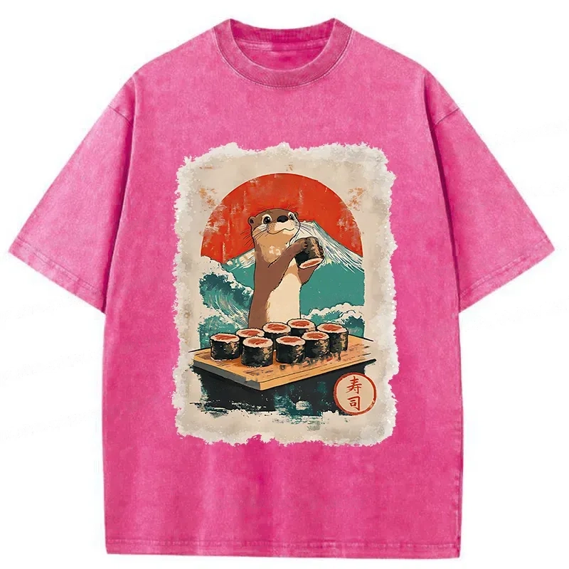 Modecanvas Otter Eating Sushi Washed T-Shirt
