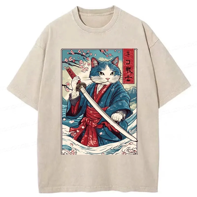 Modecanvas Japanese Cat Samurai Washed T-Shirt