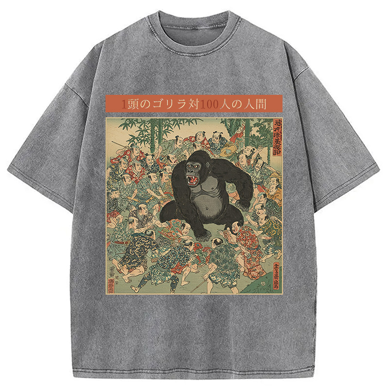 Modecanvas 1 Gorilla vs 100 Men Meme Washed T-Shirt