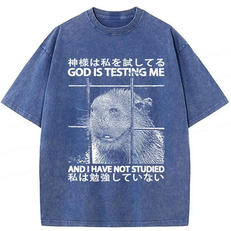 Modecanvas God Is Testing Me Washed T-Shirt-modecanvas
