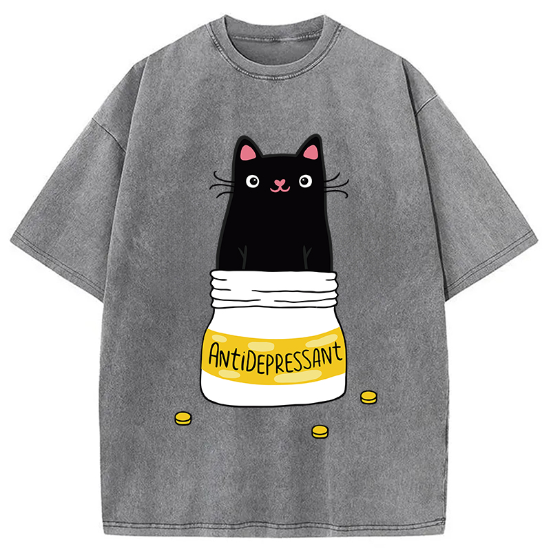 Modecanvas Cute Cat Antidepressant Funny Meme Washed T-Shirt