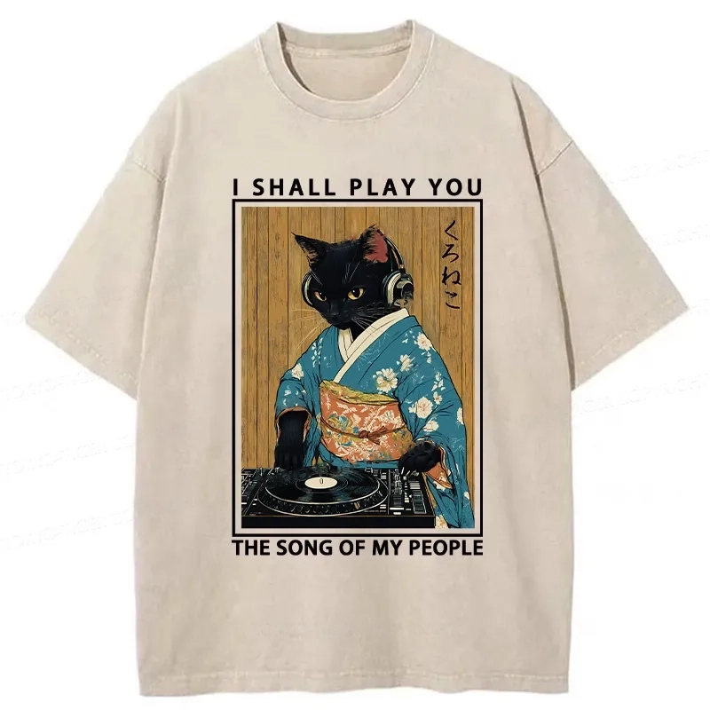 Modecanvas Funny Playing Music Black Cat Washed T-Shirt-modecanvas
