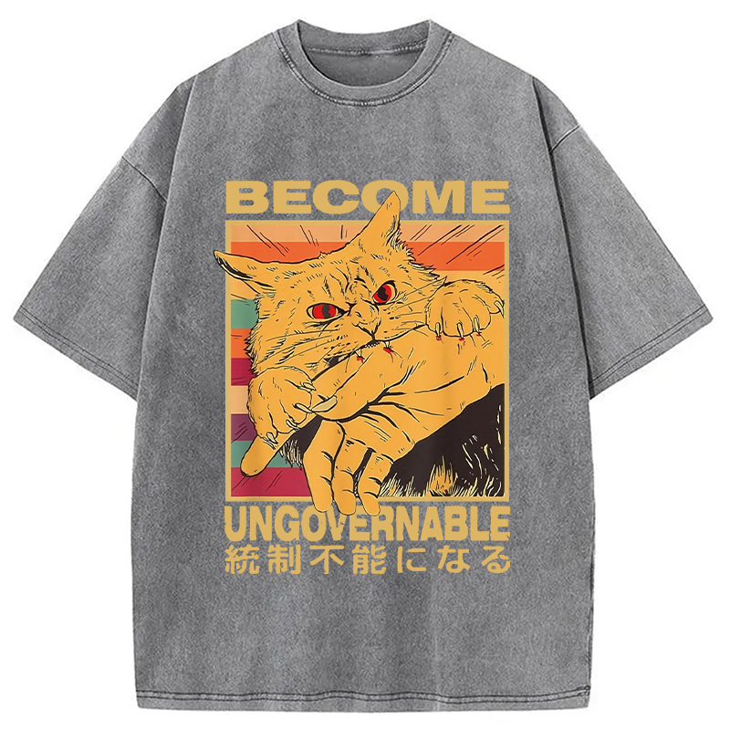 Modecanvas Become Ungovernable Funny Japanese Cat Bite Washed T-Shirt