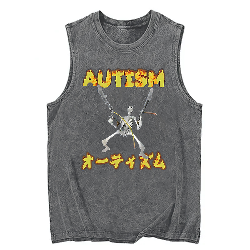 Modecanvas Autism Funny Skeleton DTG Printing Washed Tank-modecanvas