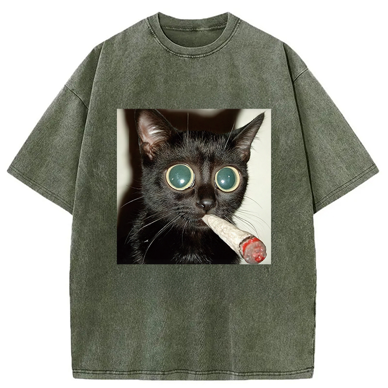 Modecanvas Little Kitten Funny Smoking DTG Printing Washed T-Shirt-modecanvas