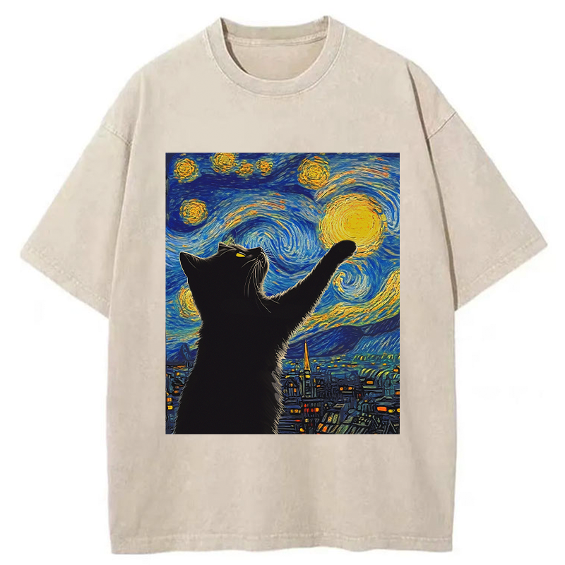 Modecanvas Black Cat Touch The Moon Washed T-Shirt