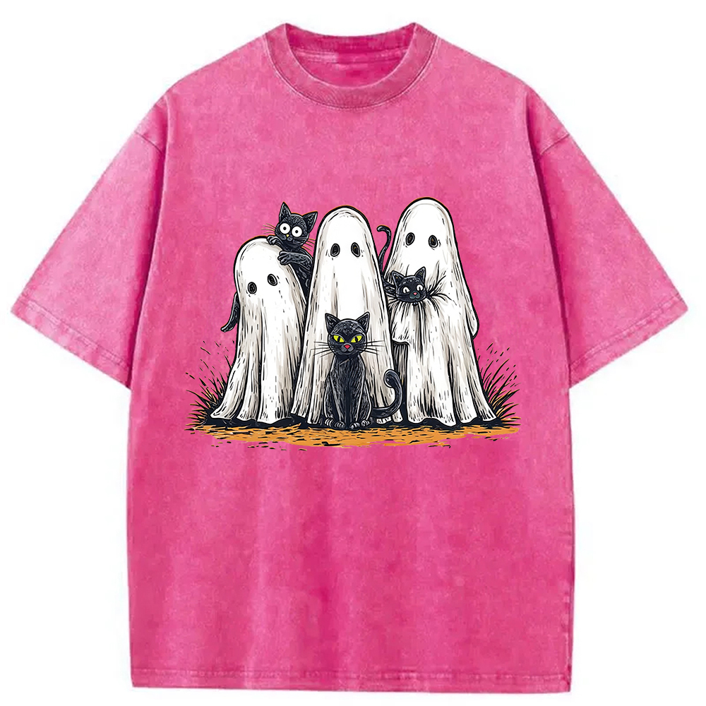 Modecanvas Black Cat Ghost Halloween Washed T-Shirt