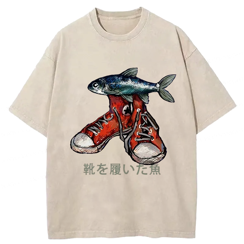 Modecanvas Fish Wearing Shoes Washed T-Shirt