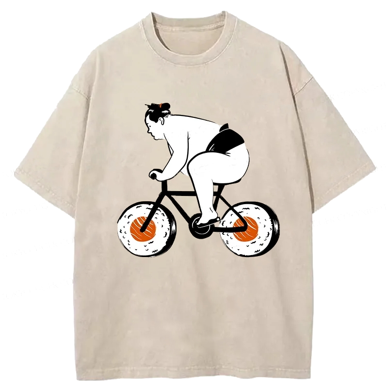 Modecanvas Sumo Riding A Sushi Bike Washed T-Shirt