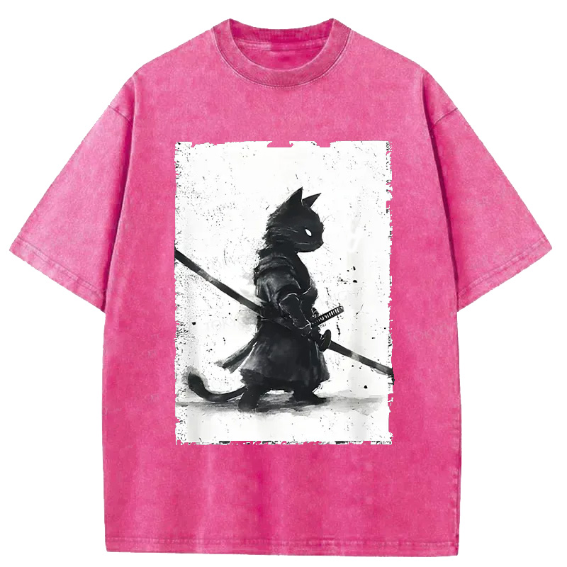 Modecanvas Retro Cat Samurai Japanese Washed T-Shirt-modecanvas
