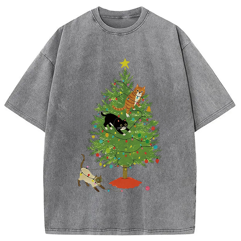 Modecanvas Cats Playing On The Christmas Tree Washed T-Shirt