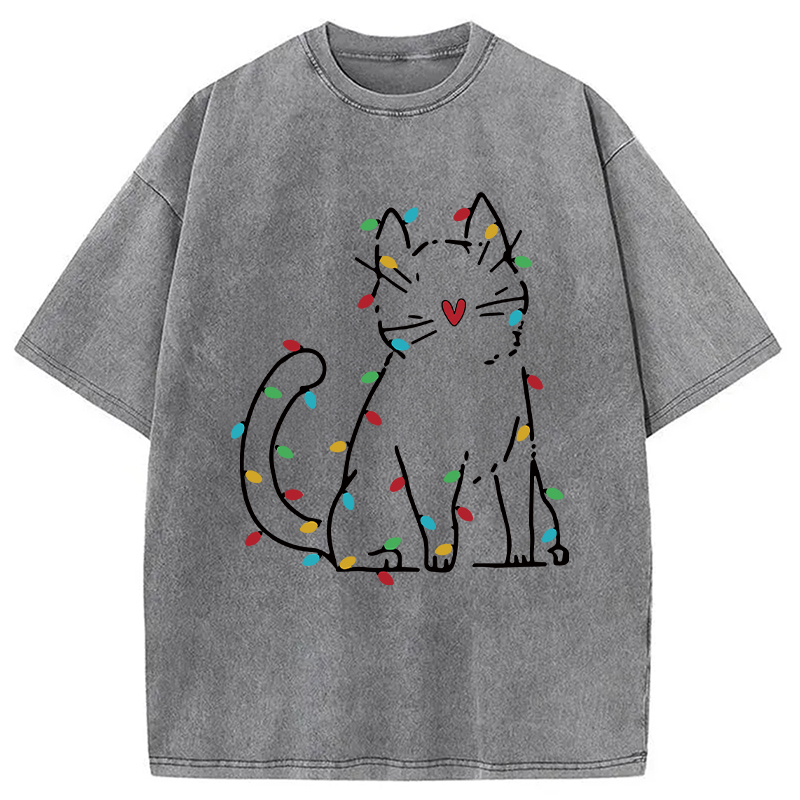 Modecanvas Japan Christmas Lights Cat Washed T-Shirt