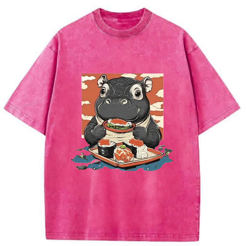 Modecanvas Moo Deng Eat Sushi Washed T-Shirt
