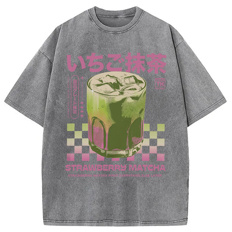 Modecanvas Strawberry Matcha Drink Washed T-Shirt
