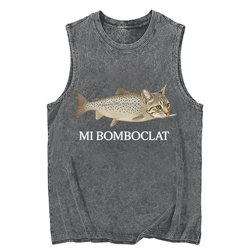 Modecanvas Bomboclat Fish Cat Meme DTG Printing Washed Tank-modecanvas
