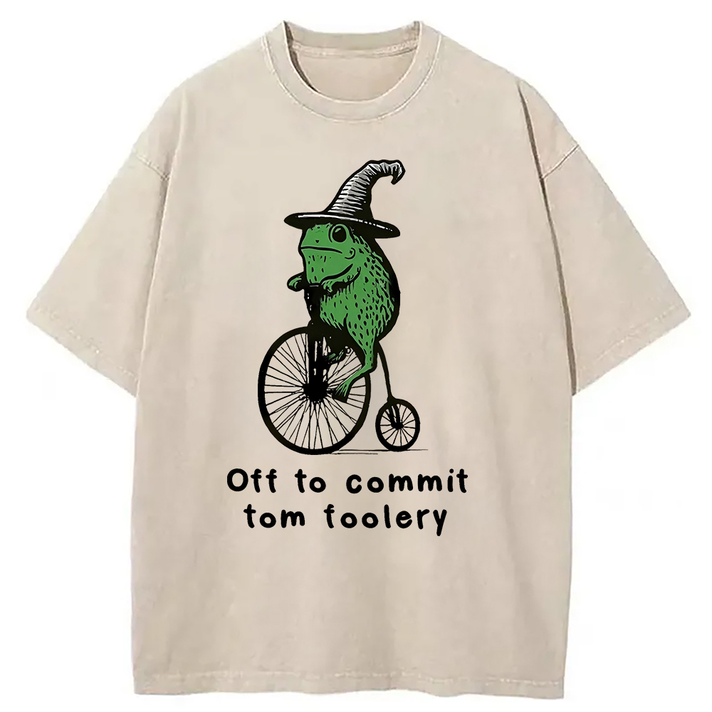 Modecanvas Frog Riding Penny-farthing Washed T-Shirt-modecanvas