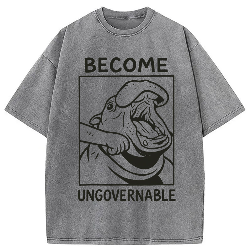 Modecanvas Become Ungovernable Funny Hippo Meme Washed T-Shirt