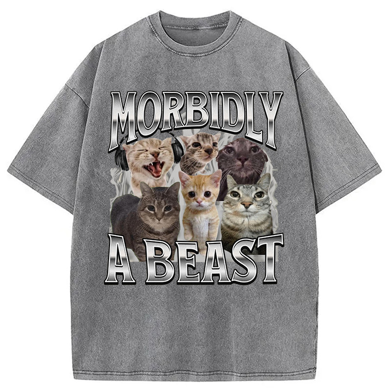 Modecanvas Morbidly A Beast Cat Meme Washed T-Shirt