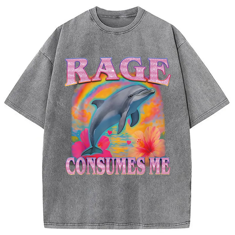 Modecanvas Rage Consumes Me Dolphin Meme Washed T-Shirt