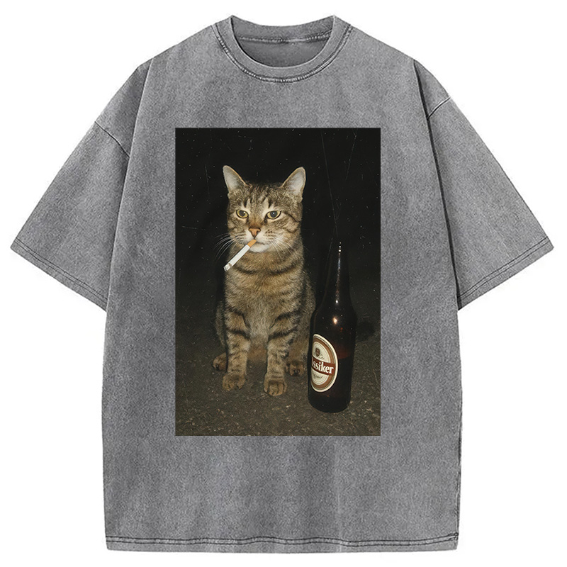 Modecanvas Vintage Cigarette Kitty Meme Washed T-Shirt-modecanvas